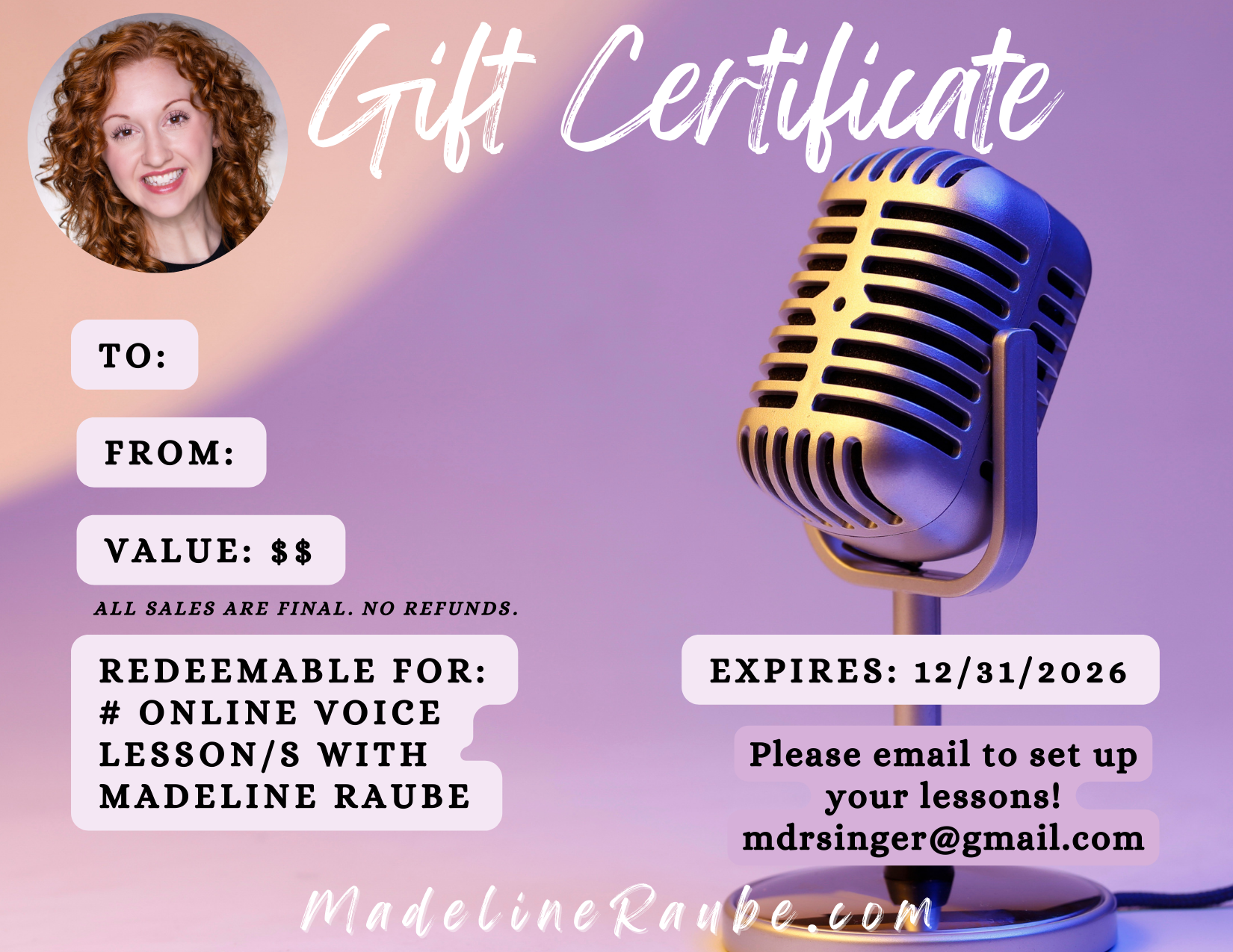 Example of Madeline's Virtual Voice Lesson Gift Certificate